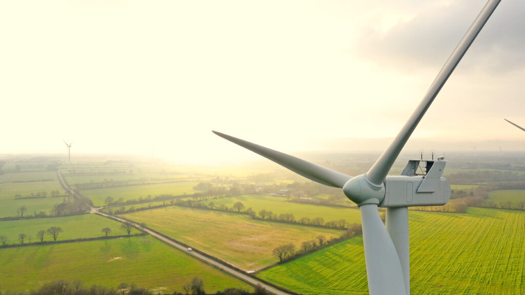 Aerial photo of wind turbines at sunset in Sainte Pazanne, Franc